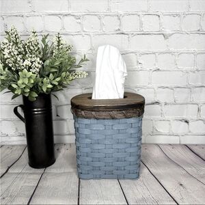 Blue Woven Wicker Basket Tissue Box Holder with Wood Gray Wash Lid